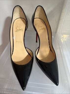 Christian Louboutin Black Patent Pointed-Toe Pumps with Red Heel